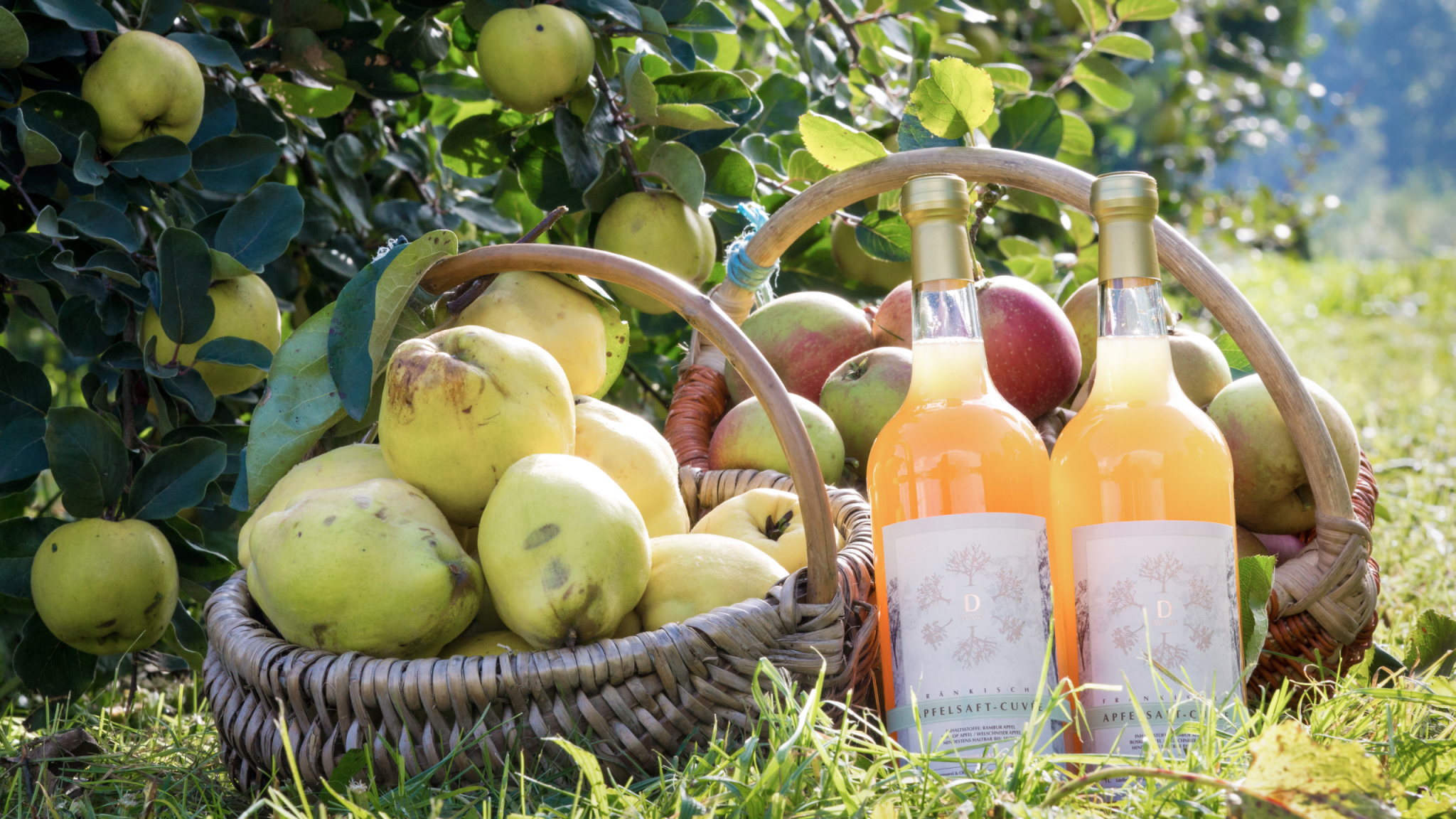 Ein Korb mit Birnen und ein Korb mit Äpfeln, davor zwei Flaschen mit Säften